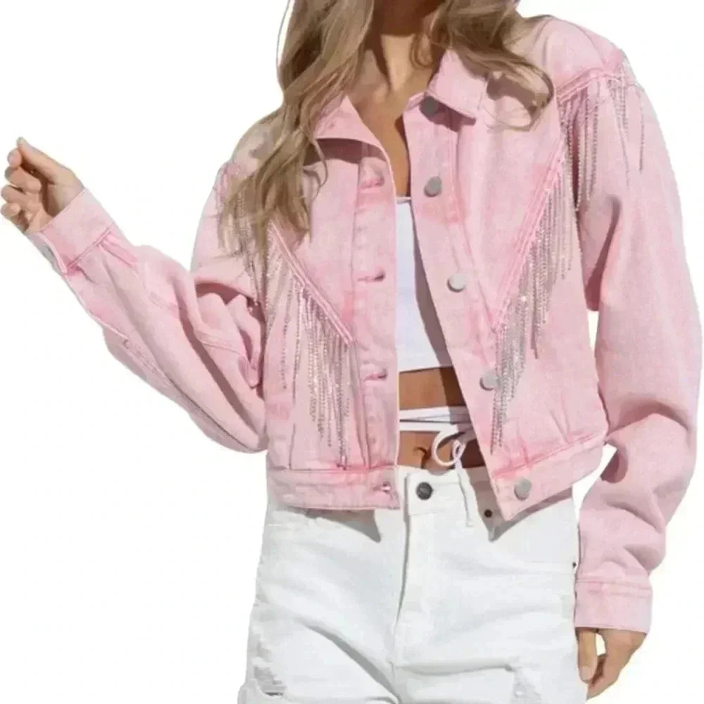 Blue B Collection - Women’s Small - Pink Western Cropped Bling Jean Jacket